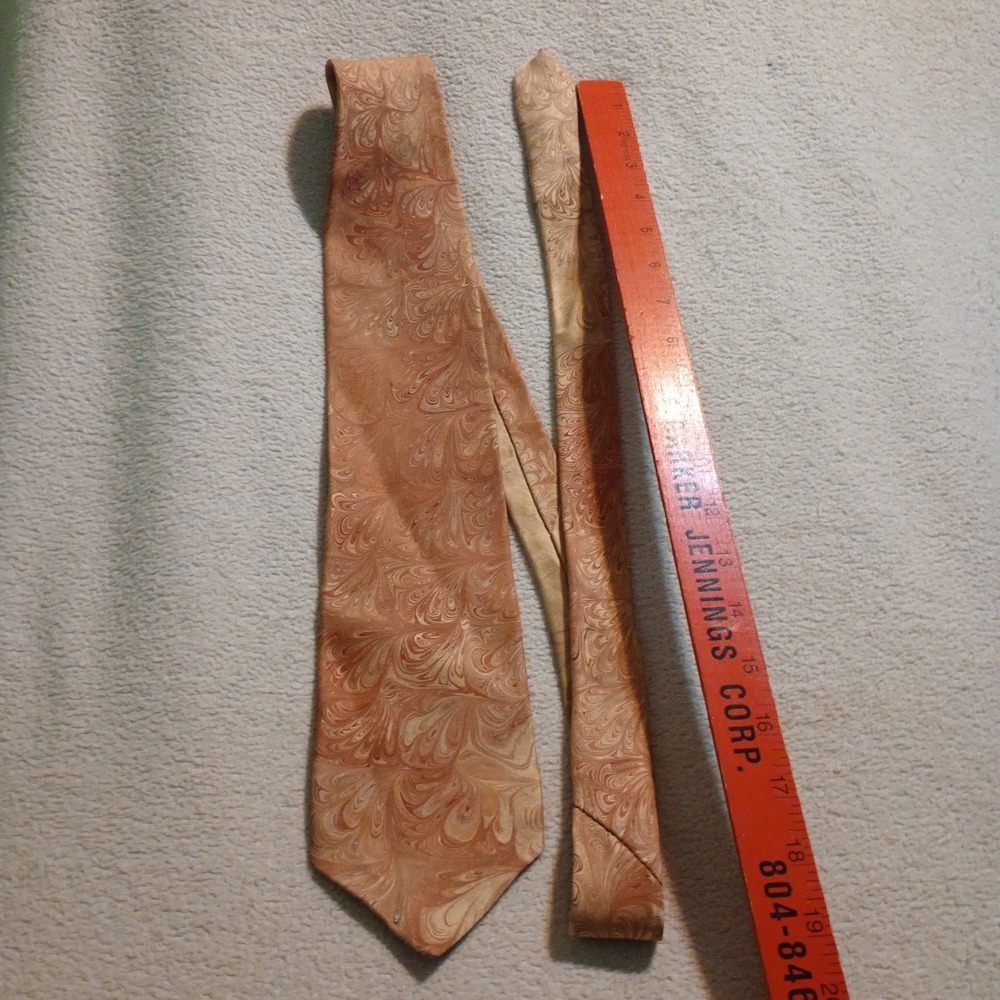 Solace Mens Silk Necktie Orange Peach Marbled Feather Swirl Pattern Made in USA